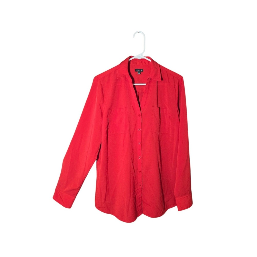 Talbots Button‎ Down Red Blouse W Pockets Long Sleeve W Roll Tabs L